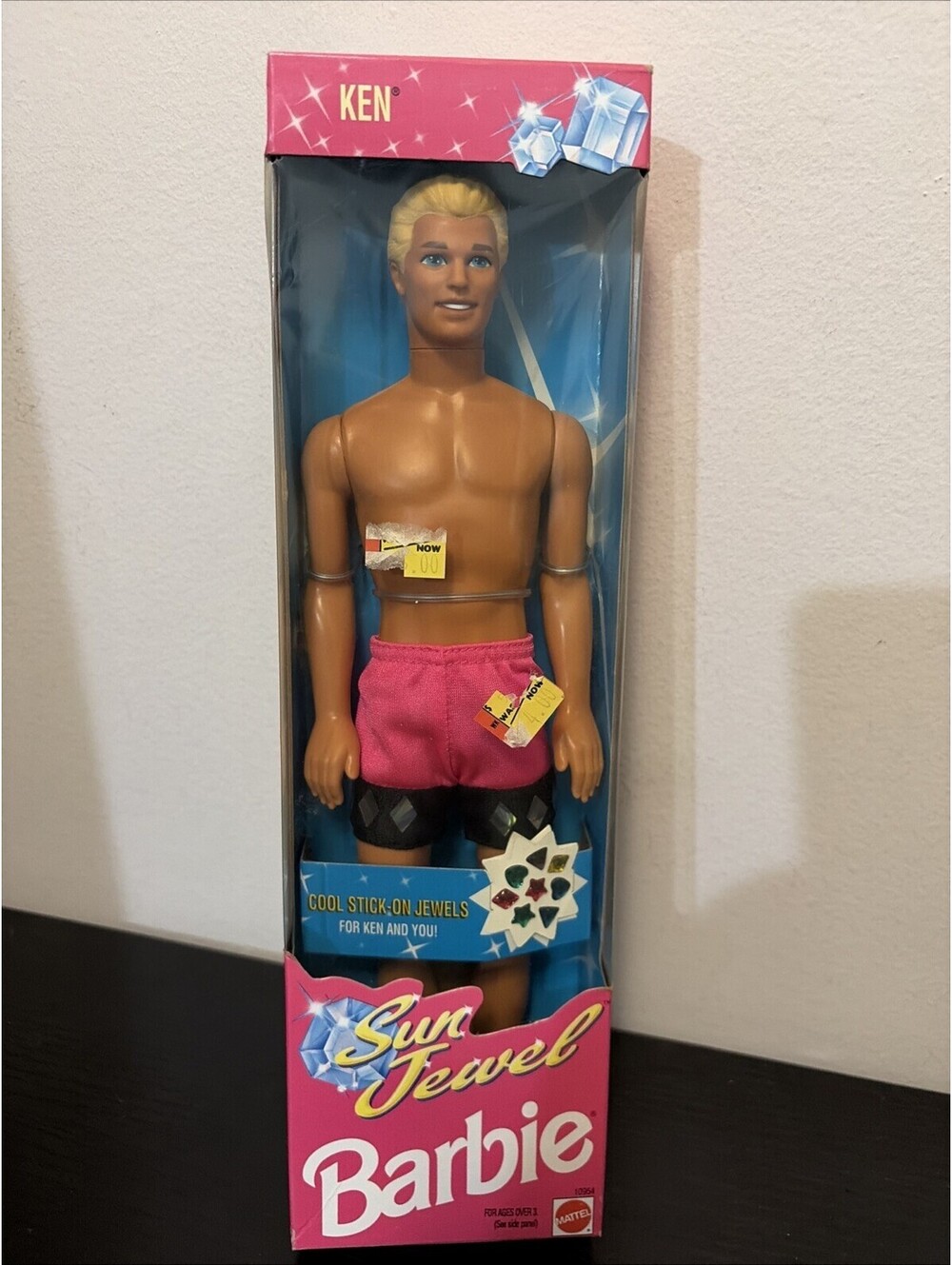 1993 BARBIE SUN JEWEL KEN DOLL PINK BATHING SUIT, PLAY JEWEL DECORATIONS NEW